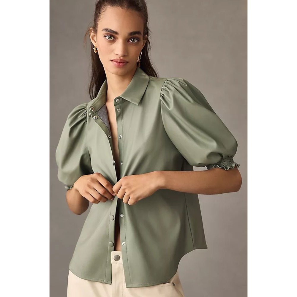 Dolan Sage Green Vegan Leather Puff Sleeve Button Down Top Size M